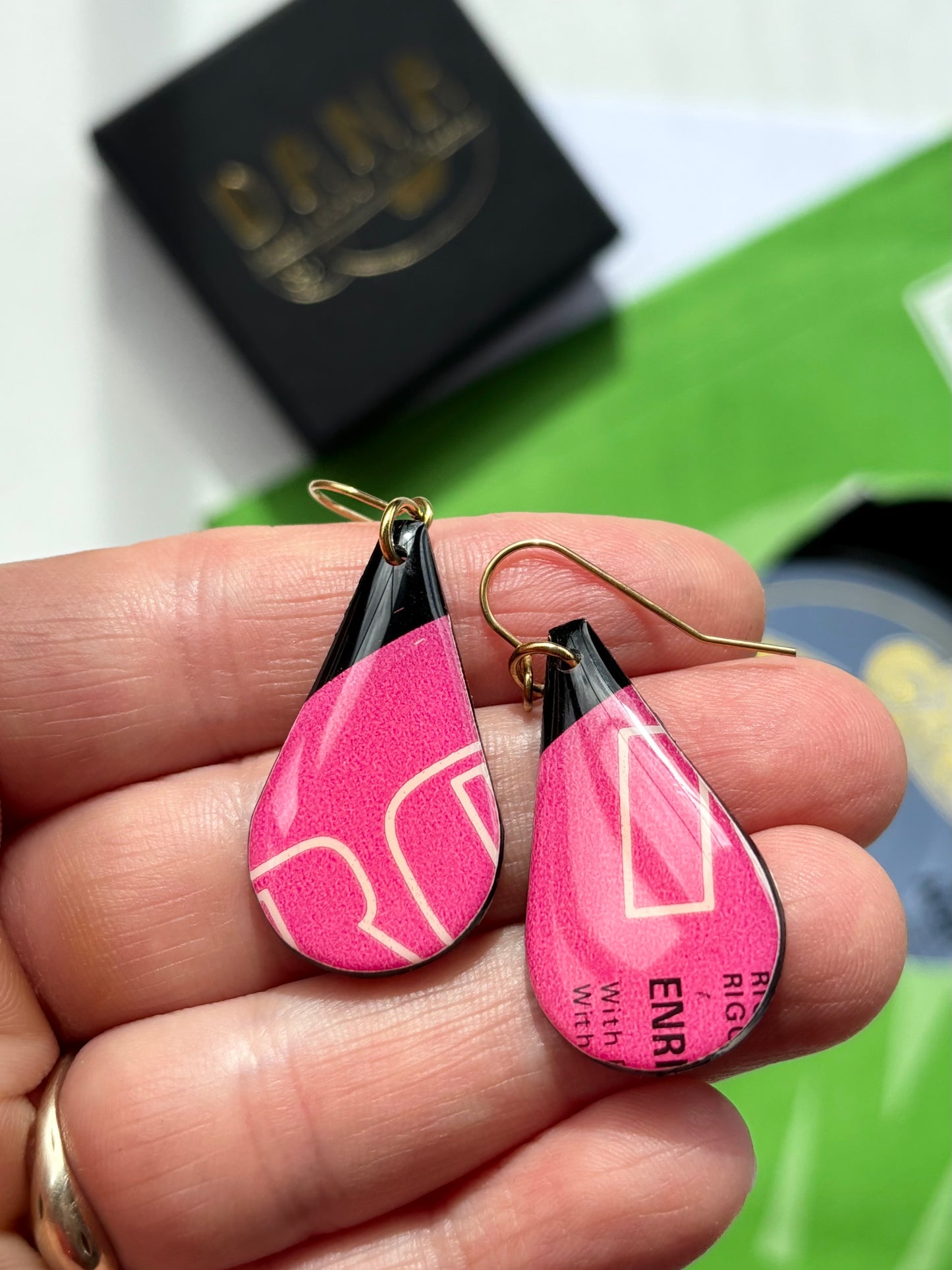 One of a kind upcycled teardrop earrings in black and fuchsia
