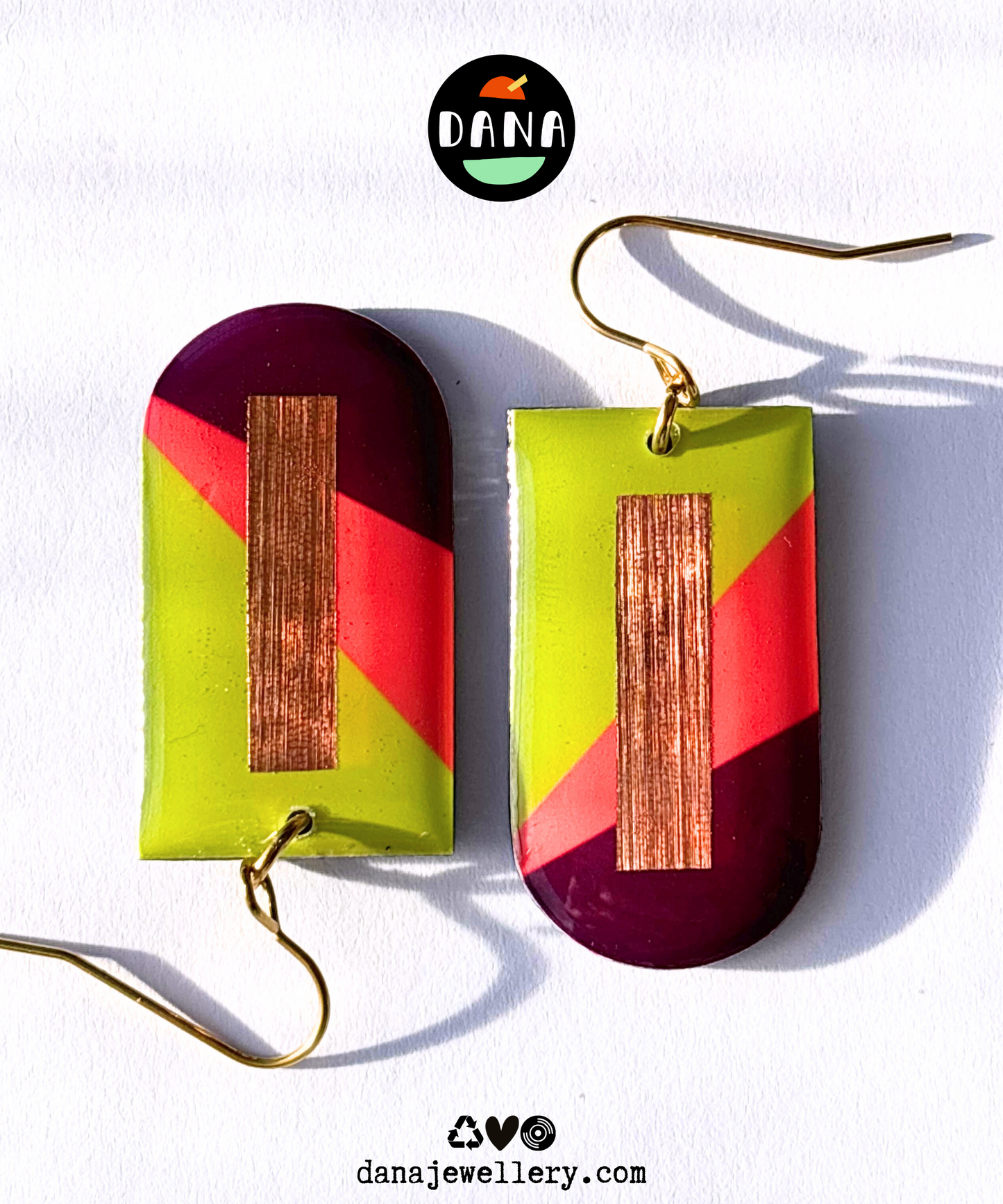 NINA in lime green, deep orange, plum, and copper