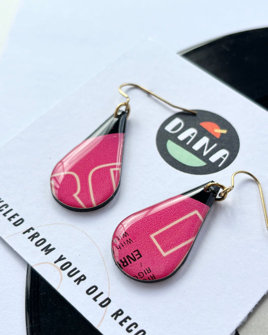 One of a kind upcycled teardrop earrings in black and fuchsia