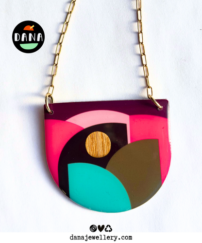 CLEO no.1 bold upcycled graphic necklace handmade in Ireland / olive, turquoise, fuchsia, plum, gold