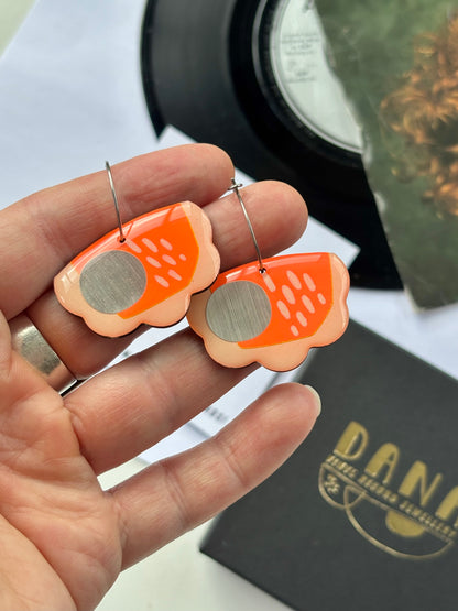 50% OFF quirky upcycled art earrings in very vibrant orange and silver