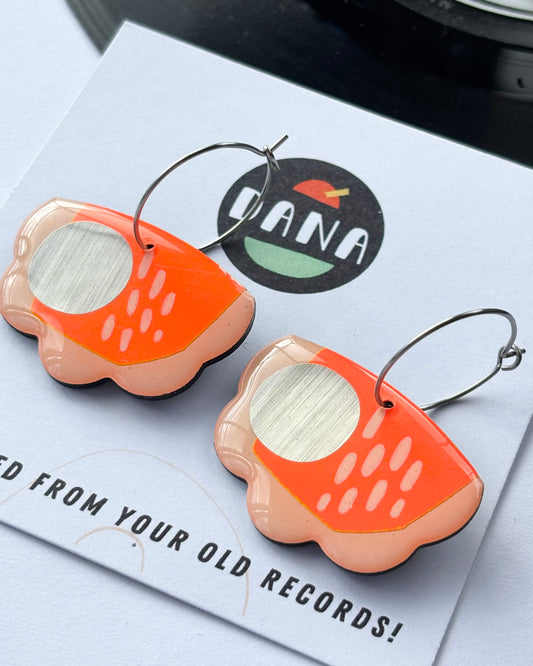 50% OFF quirky upcycled art earrings in very vibrant orange and silver
