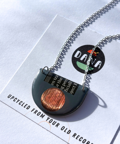 40% OFF / modern recycled vinyl record necklace in blue grey, copper and recycled paper detail