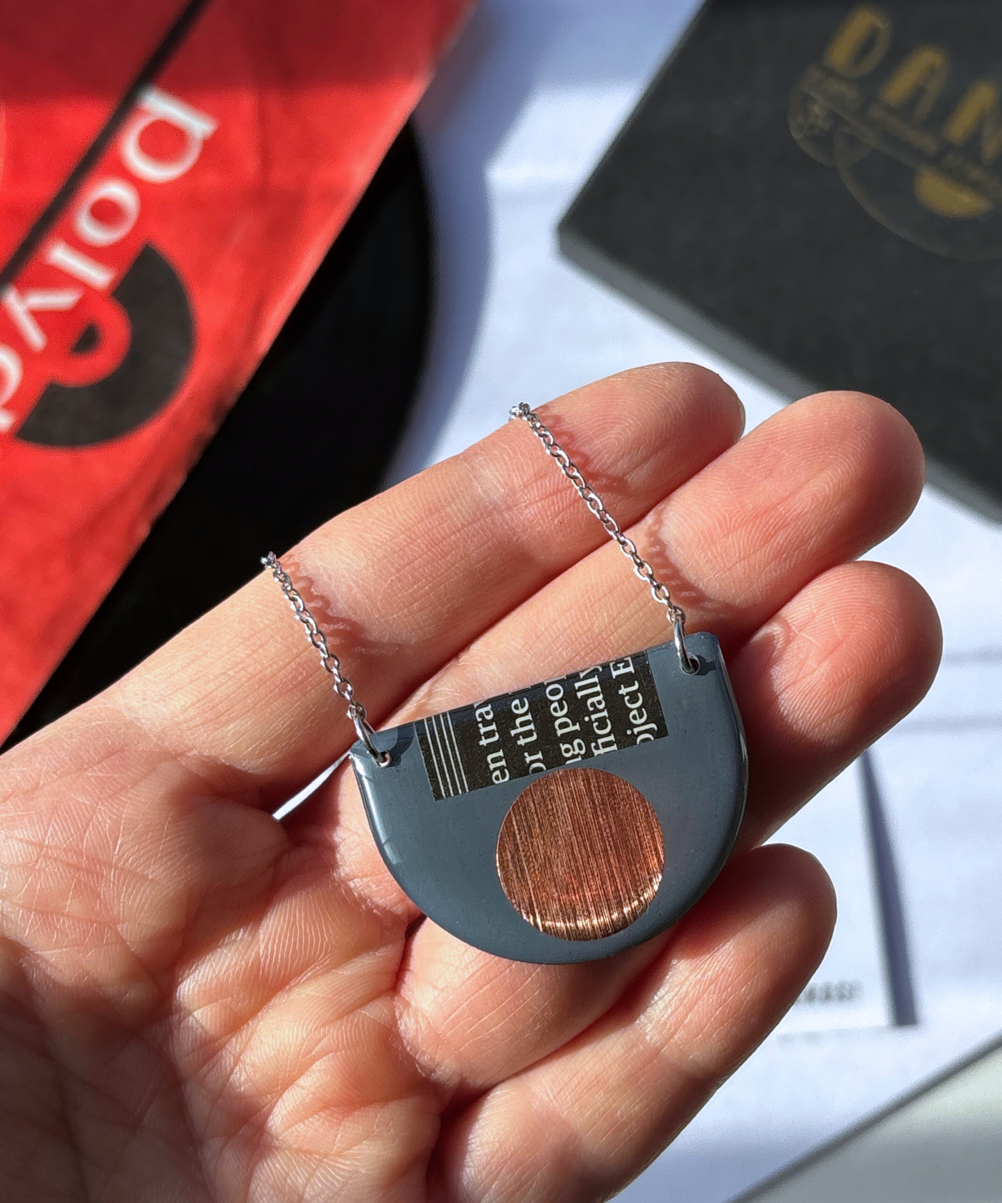 40% OFF / modern recycled vinyl record necklace in blue grey, copper and recycled paper detail