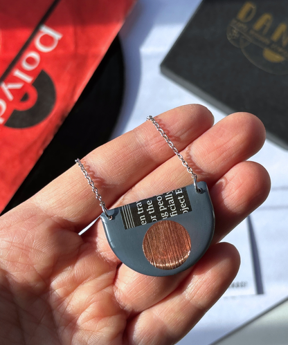 40% OFF / modern recycled vinyl record necklace in blue grey, copper and recycled paper detail