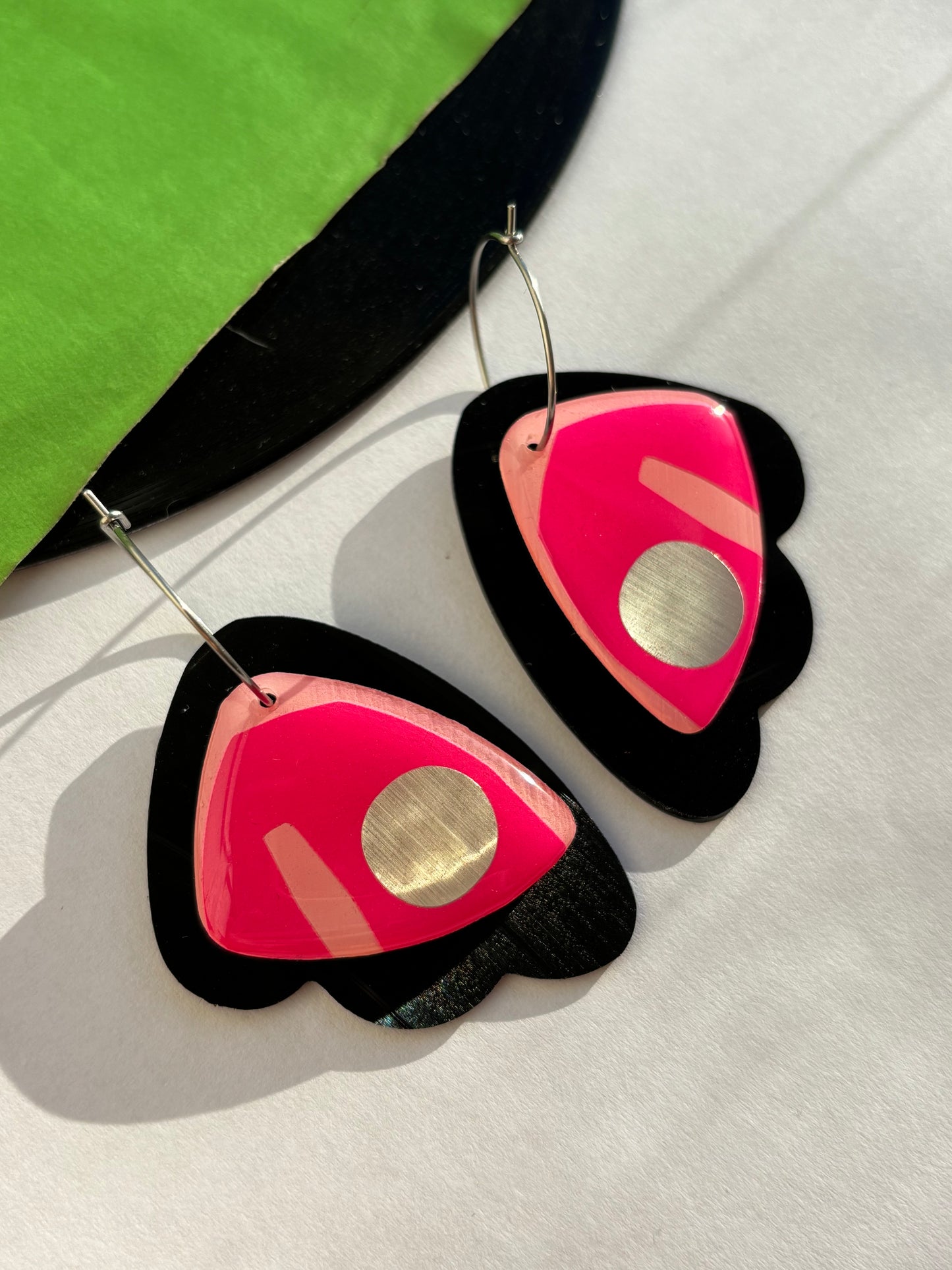 40% OFF / contemporary recycled art earrings in vibrant hot pink, silver and black / 2 sizes