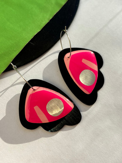 40% OFF / contemporary recycled art earrings in vibrant hot pink, silver and black / 2 sizes