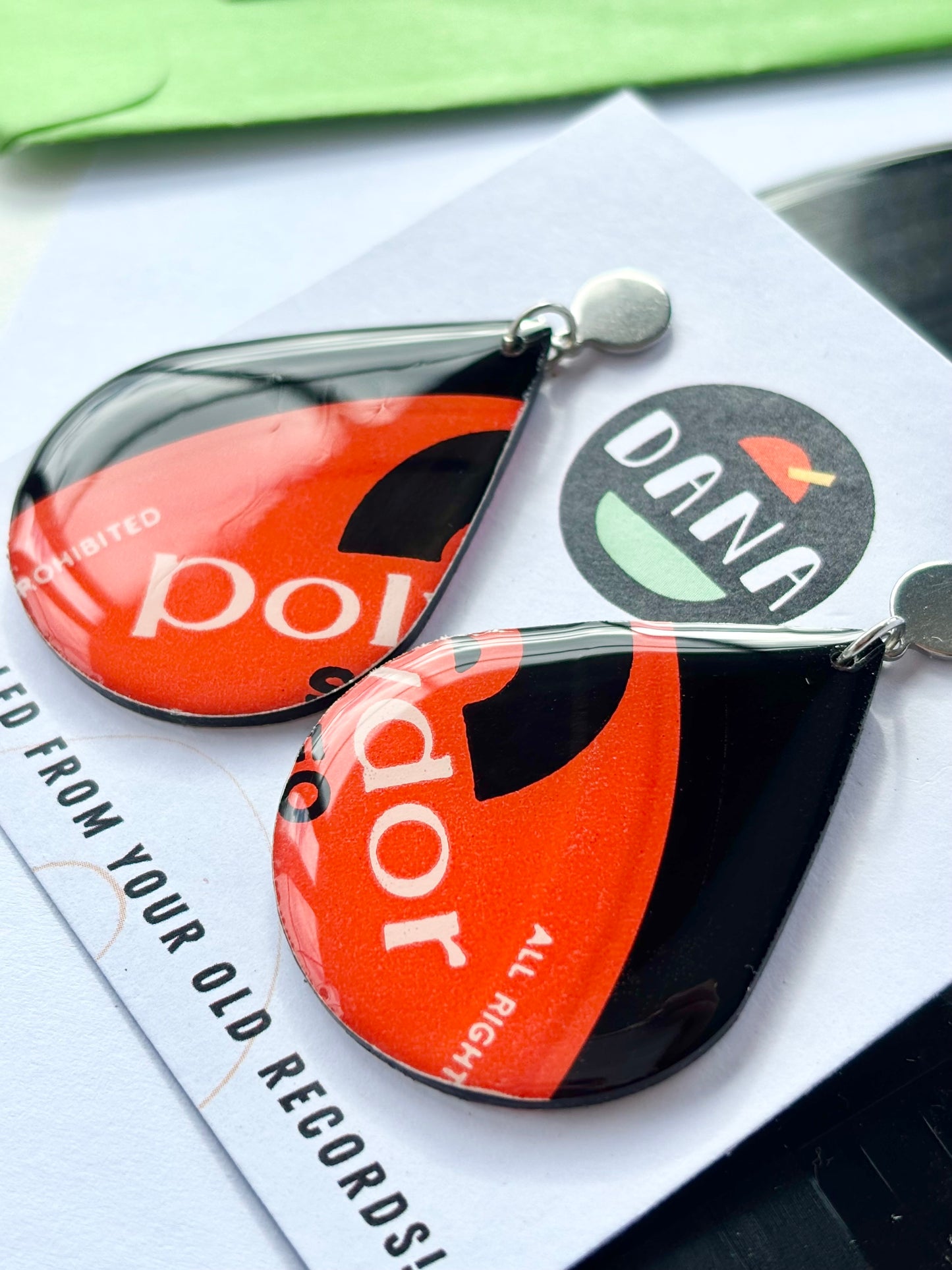 POLYDOR red and black large teardrop earrings