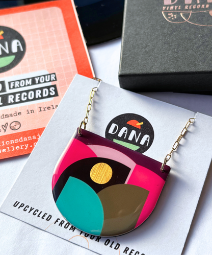 CLEO no.1 bold upcycled graphic necklace handmade in Ireland / olive, turquoise, fuchsia, plum, gold