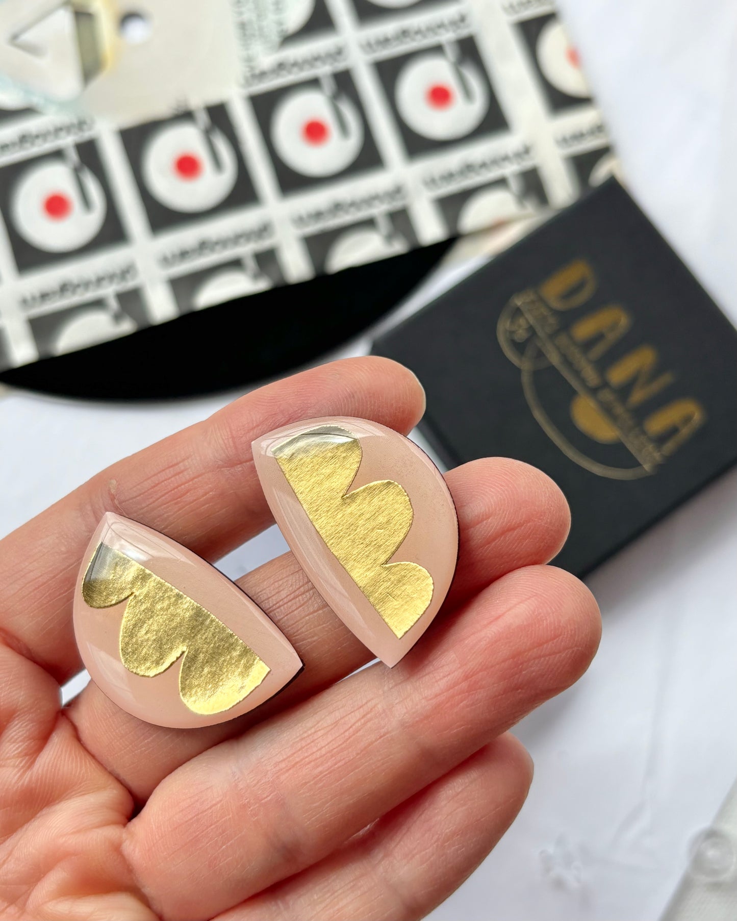 50% off large one of a kind studs in light pink, with lush pops of gold | contemporary art earrings