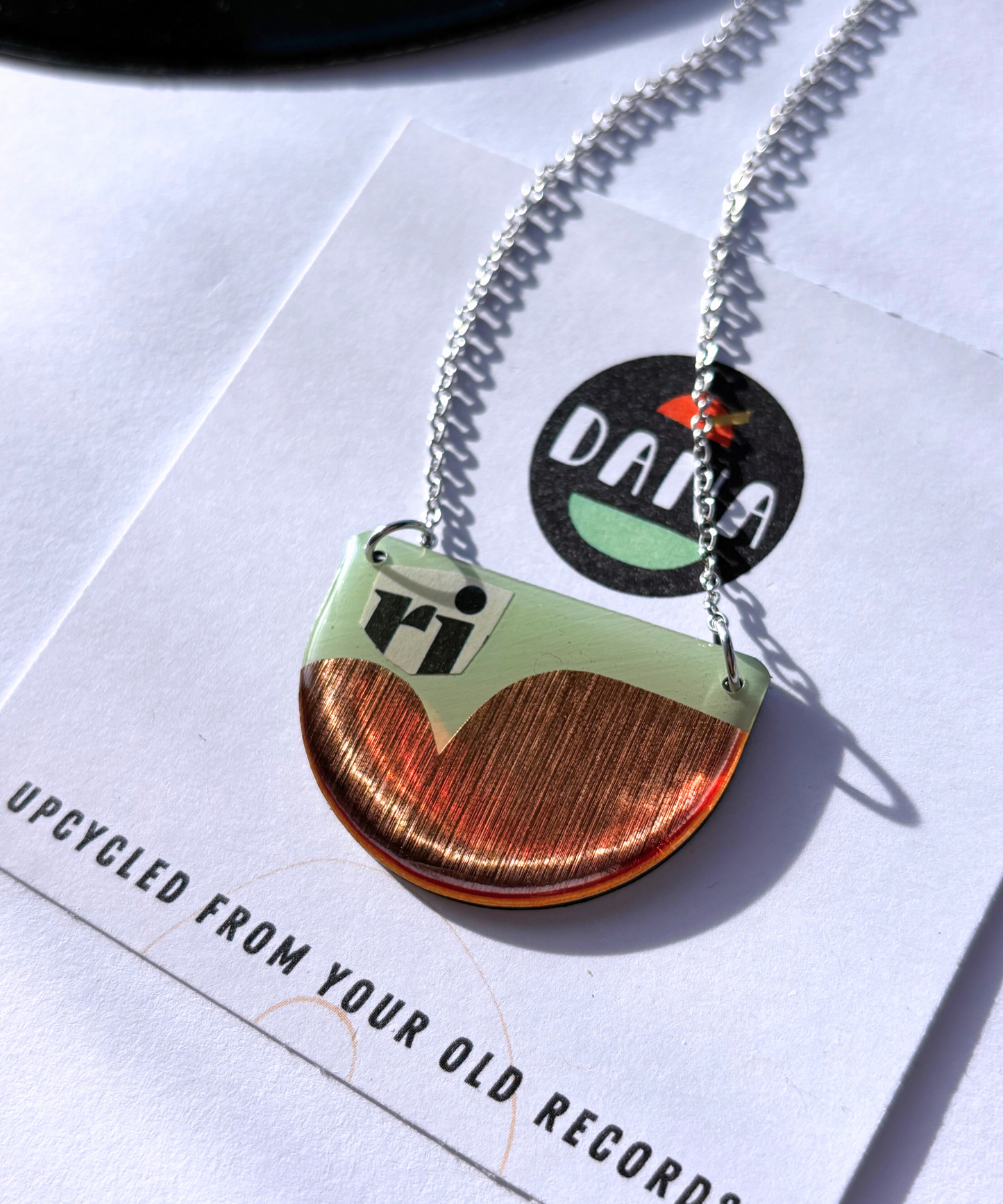 40% OFF / modern recycled vinyl record necklace in mint green, copper, and recycled paper detail