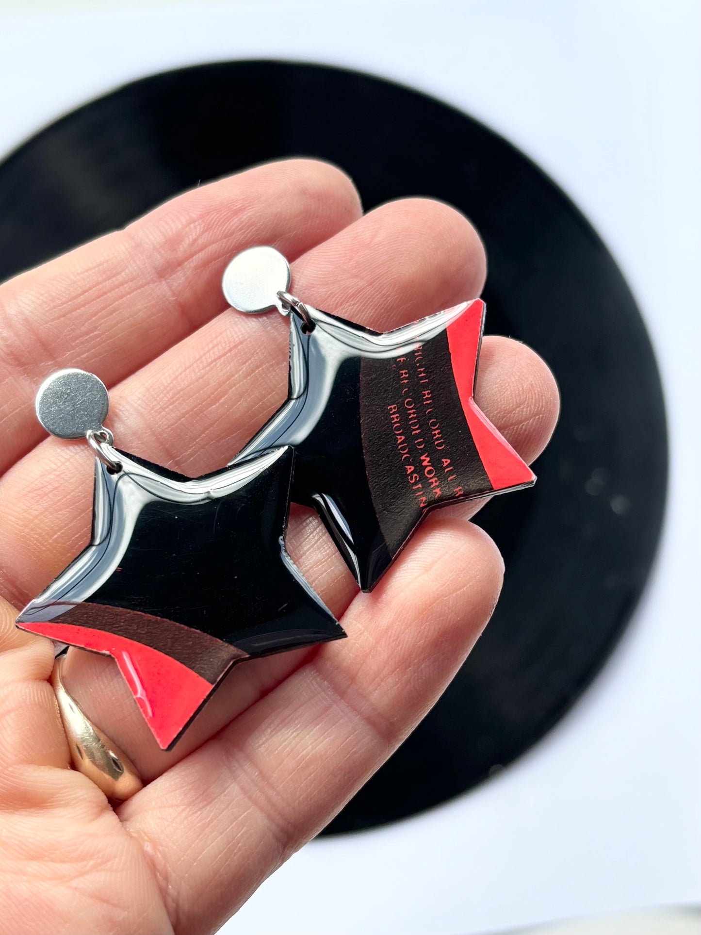 Black and red recycled vinyl record star earrings