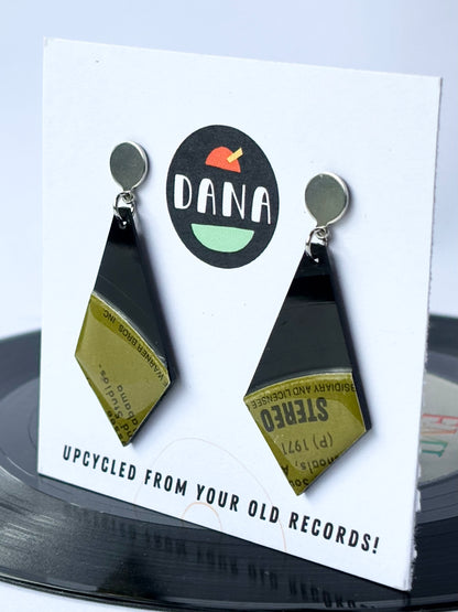 STEREO 1971 geometric vinyl record earrings in black and khaki