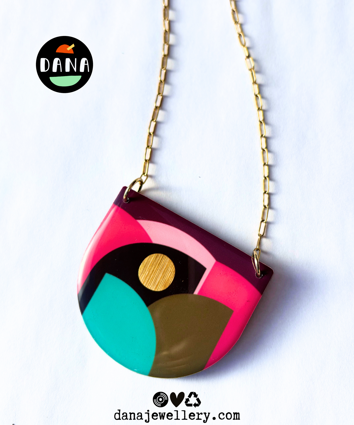 CLEO no.1 bold upcycled graphic necklace handmade in Ireland / olive, turquoise, fuchsia, plum, gold