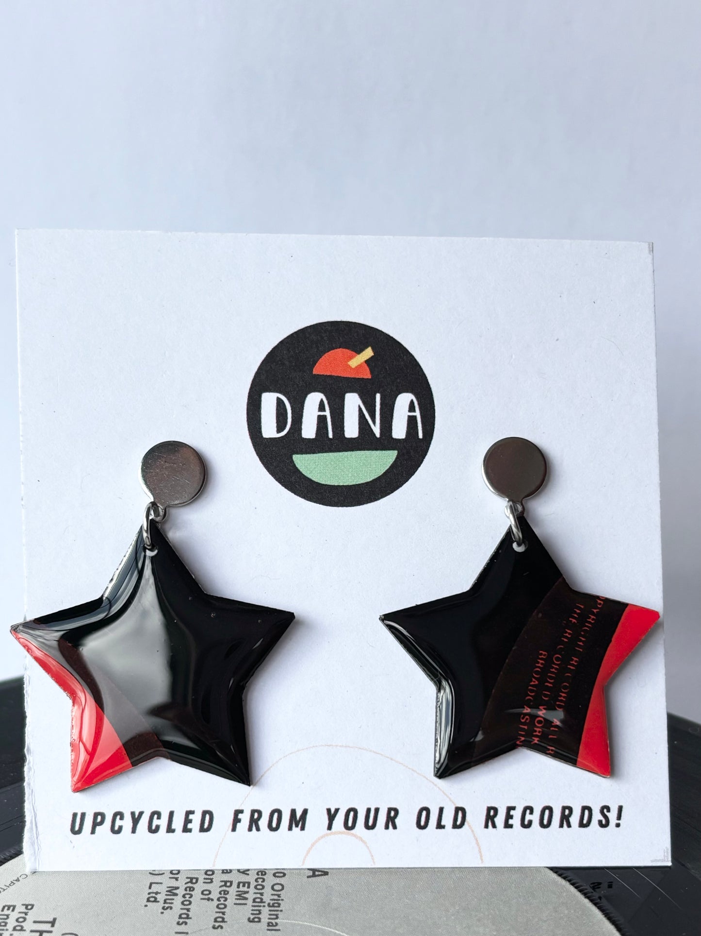 Black and red recycled vinyl record star earrings