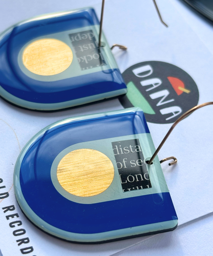 30% off statement art earrings in blue, gold and recycled magazine paper / unique upcycled Irish design