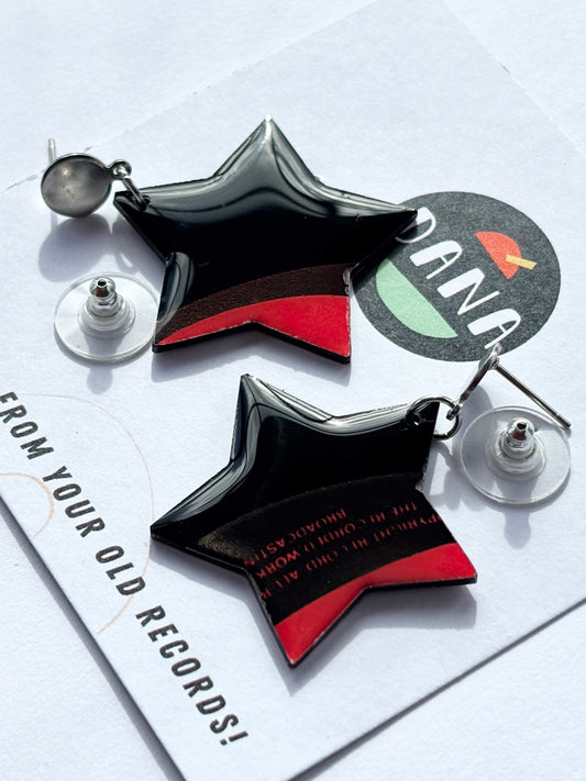 Black and red recycled vinyl record star earrings