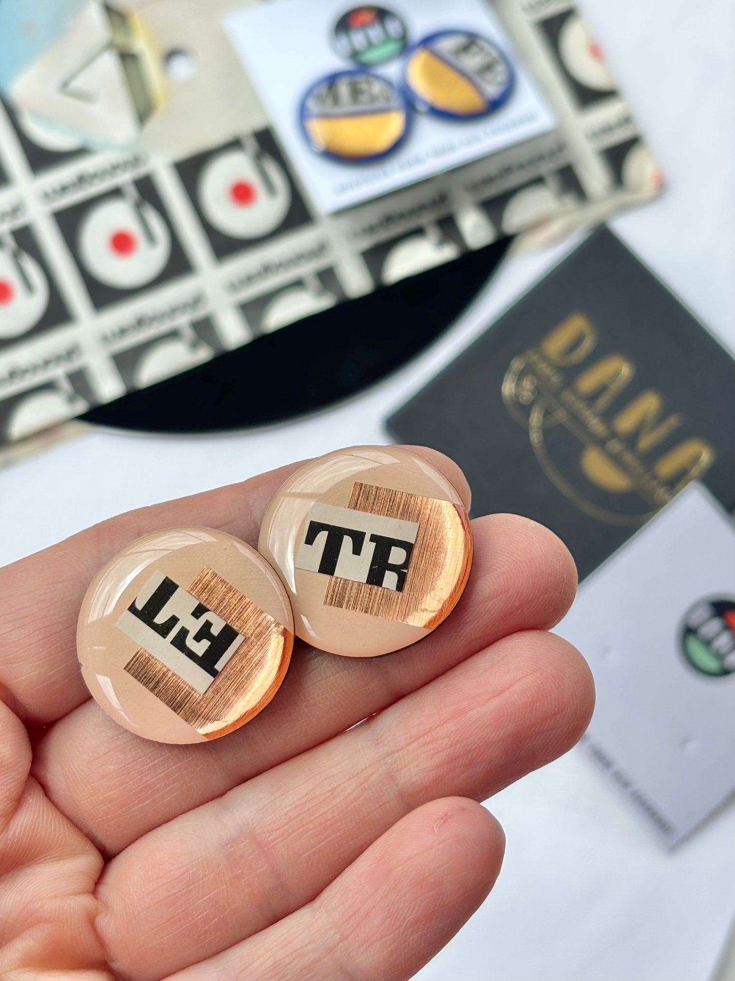 50% off bold large one of a kind studs In light warm pink, copper, with recycled magazine paper | wearable art