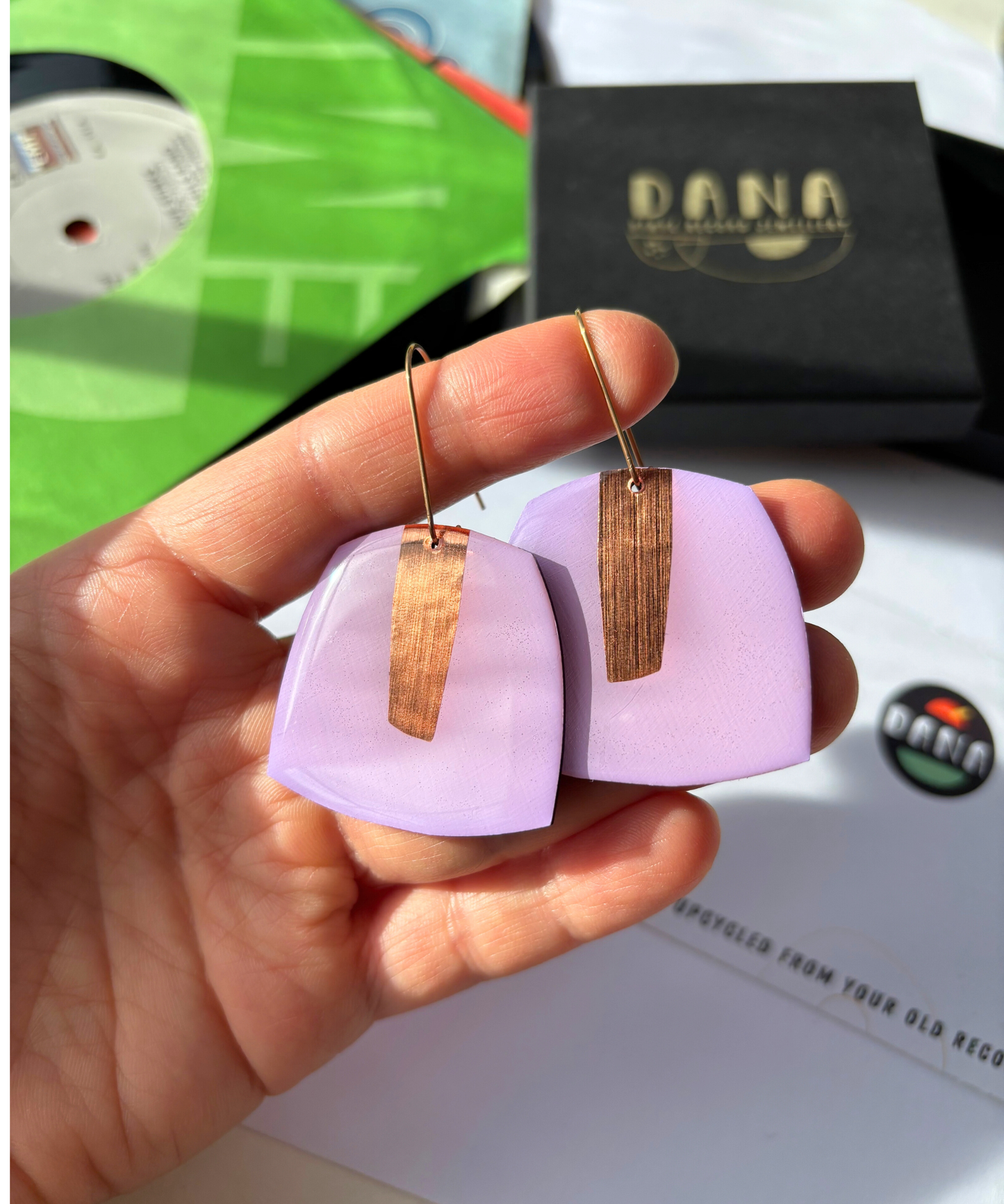 50% OFF / large upcycled contemporary earrings in light lilac and copper by DANA