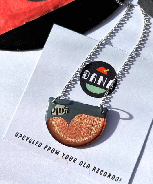 40% OFF / modern recycled vinyl record necklace in blue grey, copper and recycled paper detail