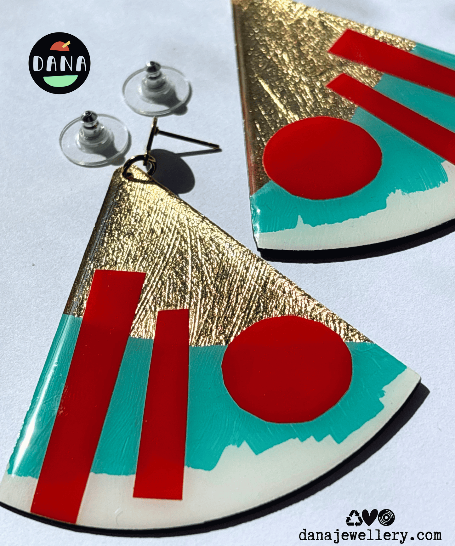 X-large abstract graphic statement earrings  in turquoise and red with delicious gold detail
