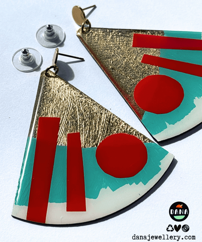 X-large abstract graphic statement earrings  in turquoise and red with delicious gold detail