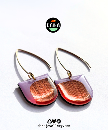 Pair of eco friendly minimalist modern lilac and metallic copper detail earrings handmade in Ireland from recycled vinyl record. 