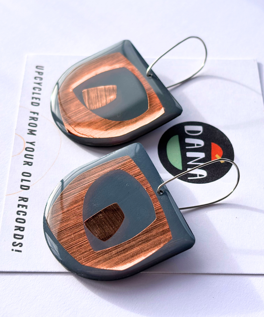 30% off contemporary art earrings in deep blue grey and warm copper| Irish made earrings