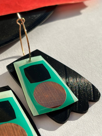 40% OFF Upcycled vinyl record earrings in tealy turquoise black and copper / unique Irish design