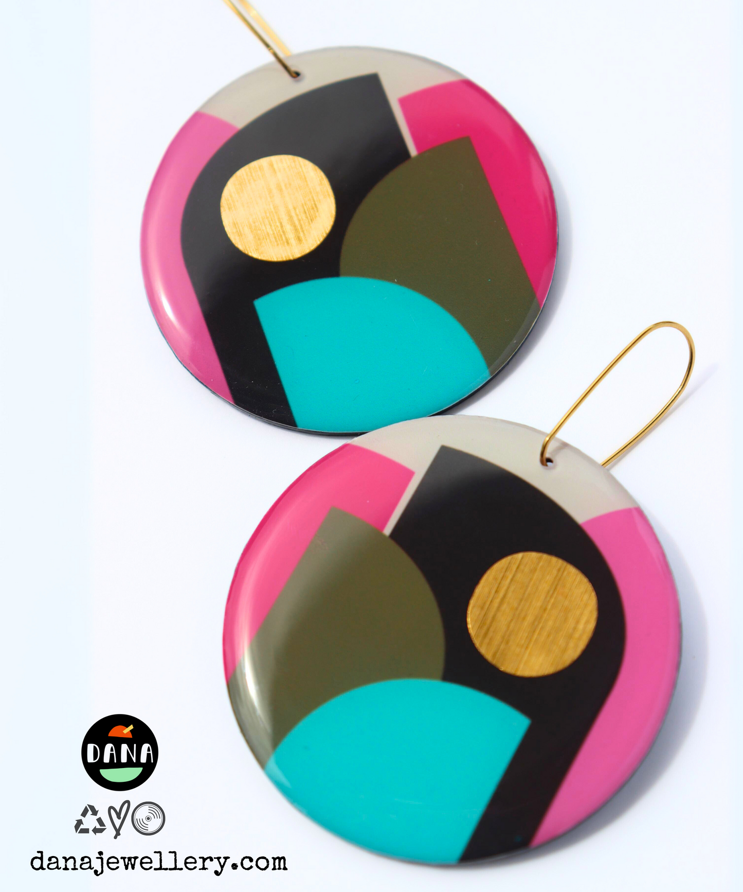 CLEO NO.1 in pink, olive, turquoise, gold / large graphic hard edge disc earrings