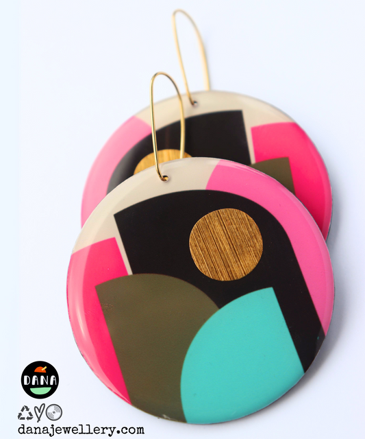 CLEO NO.1 in pink, olive, turquoise, gold / large graphic hard edge disc earrings