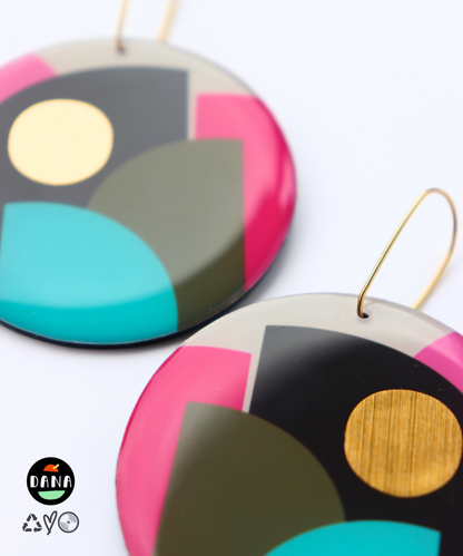 CLEO NO.1 in pink, olive, turquoise, gold / large graphic hard edge disc earrings