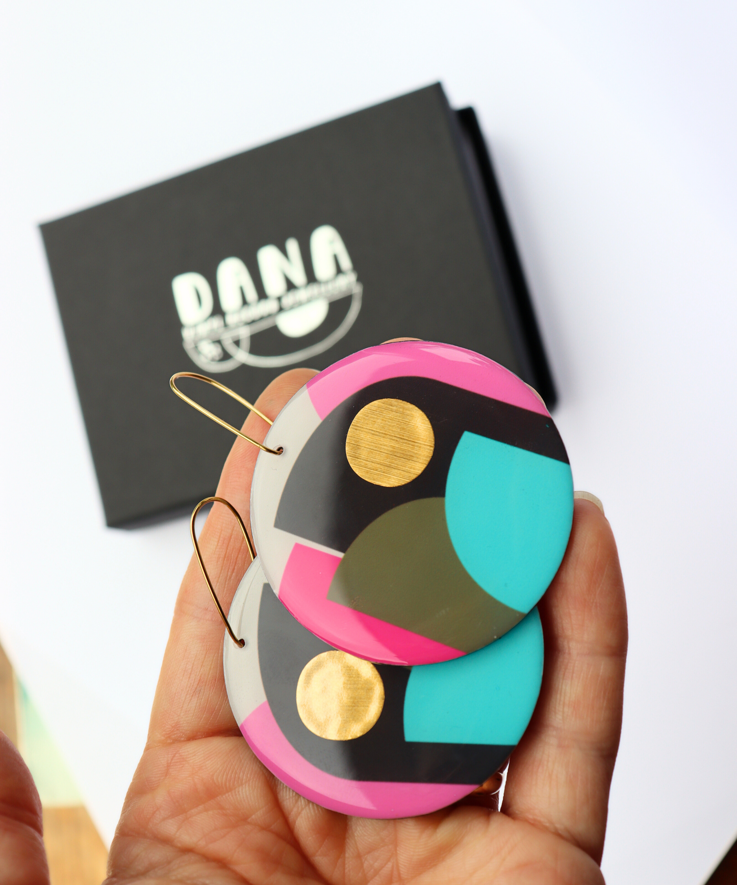 CLEO NO.1 in pink, olive, turquoise, gold / large graphic hard edge disc earrings