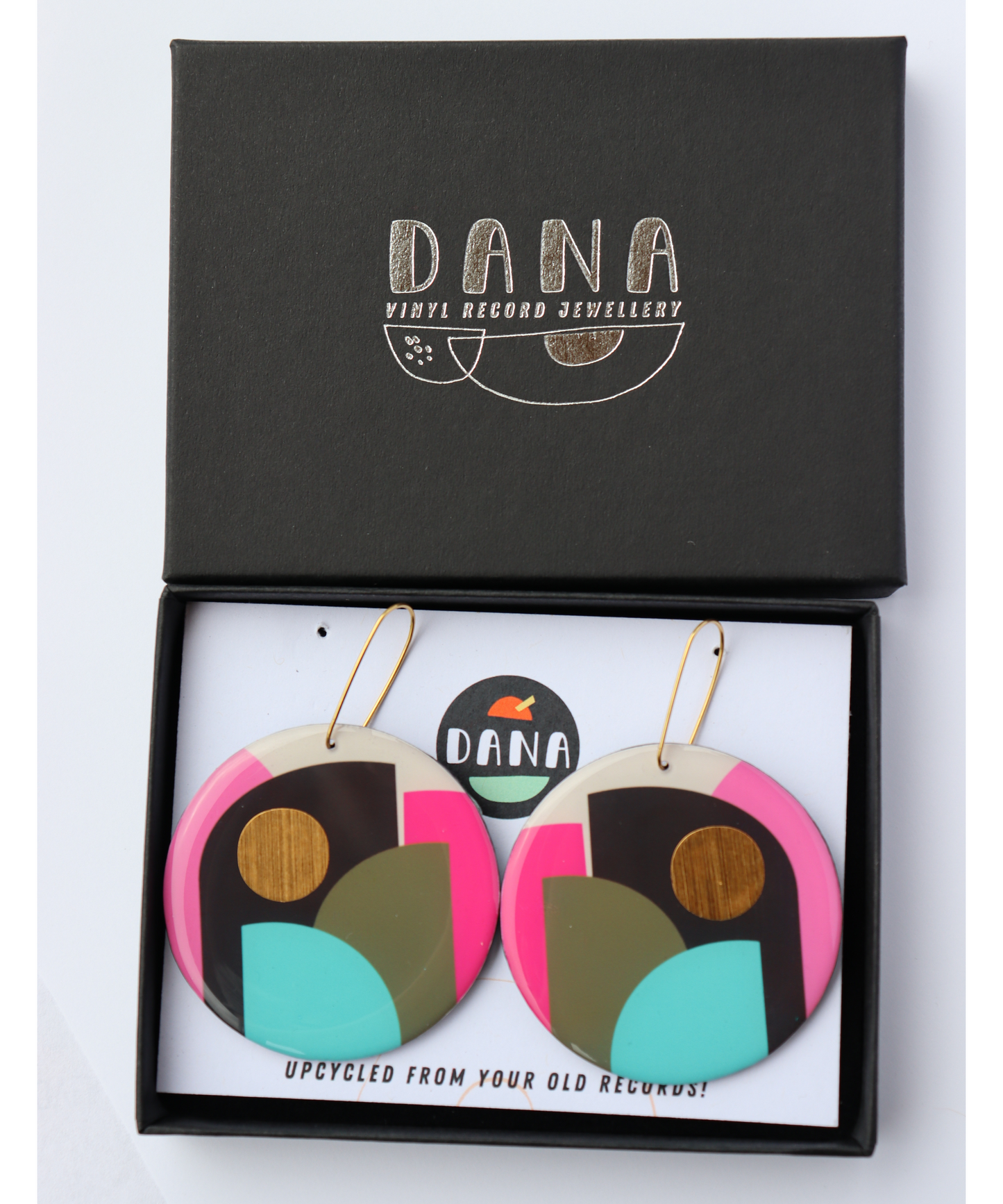 CLEO NO.1 in pink, olive, turquoise, gold / large graphic hard edge disc earrings