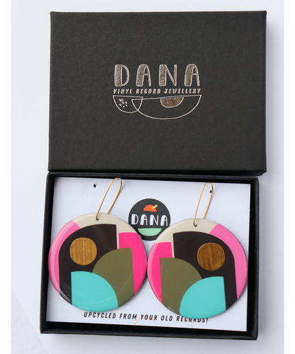 CLEO NO.1 in pink, olive, turquoise, gold / large graphic hard edge disc earrings