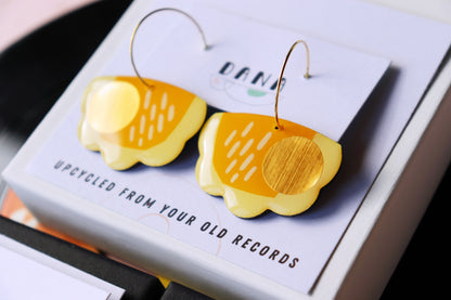 40% OFF / FROUFROU no.3 in yellow with a gold pop / upcycled vinyl record earrings