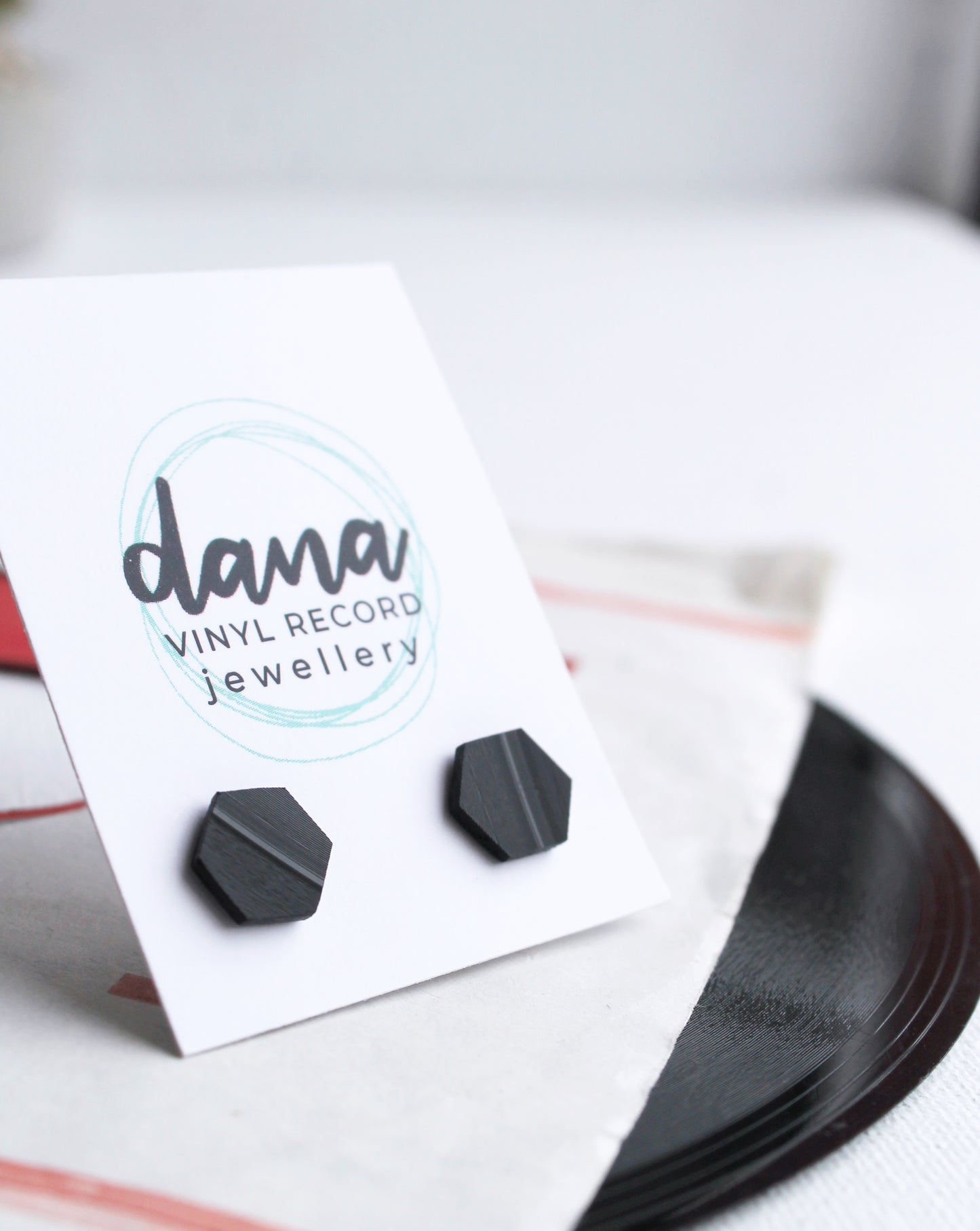 simple flat black hexagon studs / upcycled vinyl record jewelry