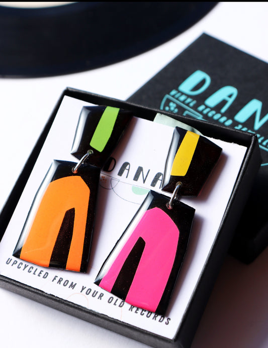 LOU NO.1 in black, hot pink, vibrant orange, green, yellow / modern geometric earrings