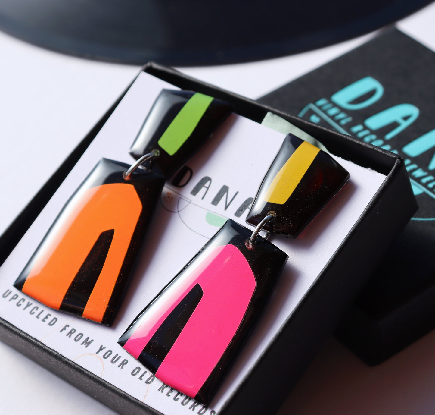 LOU NO.1 in black, hot pink, vibrant orange, green, yellow / modern geometric earrings