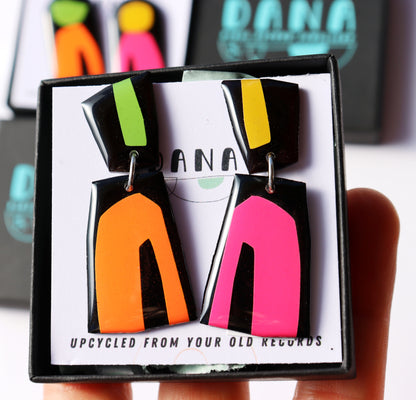 LOU NO.1 in black, hot pink, vibrant orange, green, yellow / modern geometric earrings