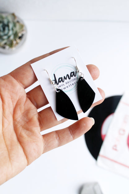 Black minimalist vinyl record dangle earrings by Dana Jewellery