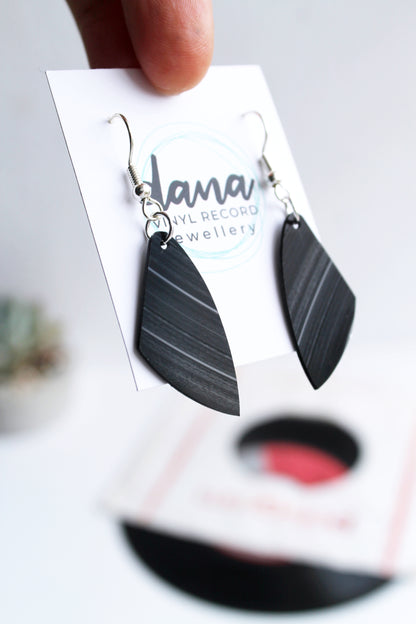 Black minimalist vinyl record dangle earrings by Dana Jewellery
