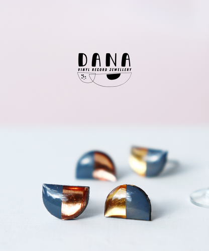 HALF MOON STUDS in deep blue grey with gold OR copper detail