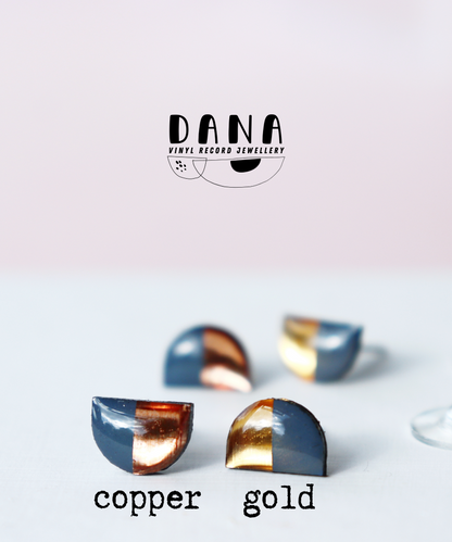 HALF MOON STUDS in deep blue grey with gold OR copper detail